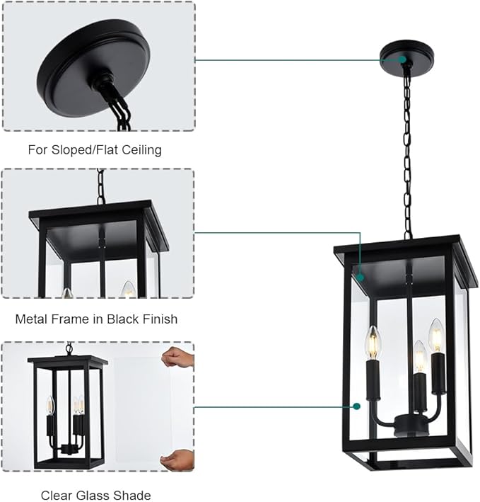 3 Lights Indoor Pendant Light Black Outdoor Chandelier Exterior Hanging Fixture Ceiling Mount with Clear Glass Shade Hanging Lantern Light Adjustable Pendant Light for Outdoor Hallway
