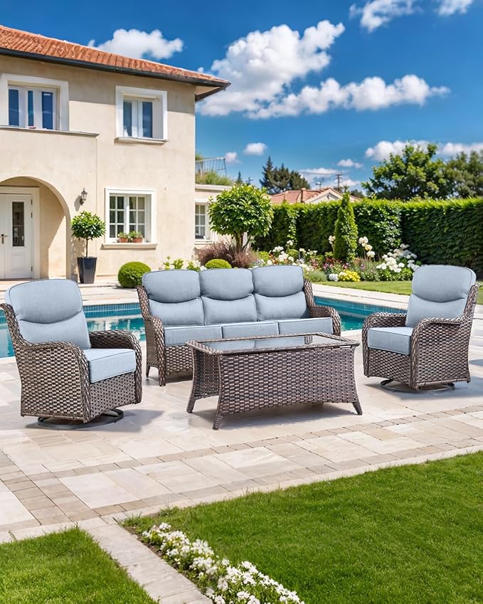 Luxury 22x24/22x25 6-Inch Smile Outdoor Cushions - 1 Set Deep Seat Water-Resistant Patio Chair Cushion for Wicker Rattan Wood Metal Furniture Chair Glider Rocker Loveseat Sofa - Baby Blue
