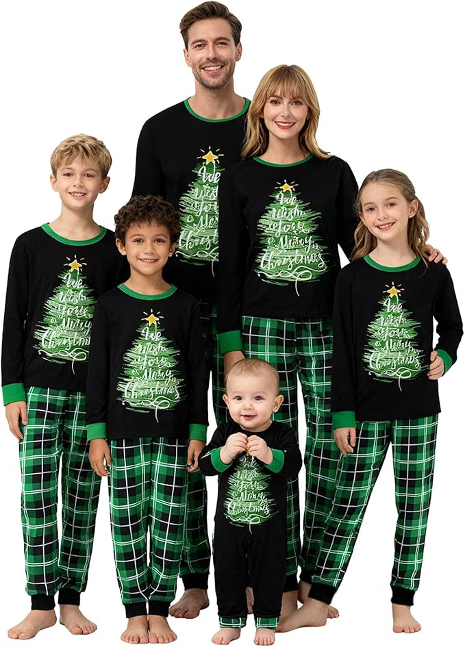 Baby wearing soft Christmas tree pajamas tucked in during a calm holiday bedtime routine
