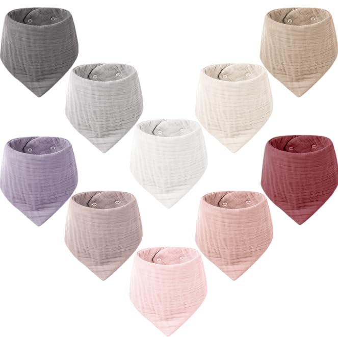 Konssy Muslin Baby Bibs 10 Pack Baby Bandana Drool Bibs 100% Cotton for Unisex Boys and Girls, Soft Absorbent Set for Teething and Drooling