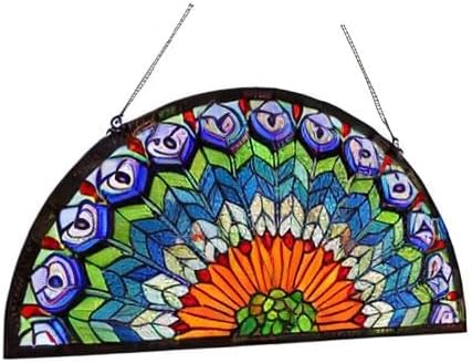 Bieye W10034 Peacock Feather Tiffany Style Stained Glass Window Panel Hangings with Chain, 36 inches Wide Half Round Shape