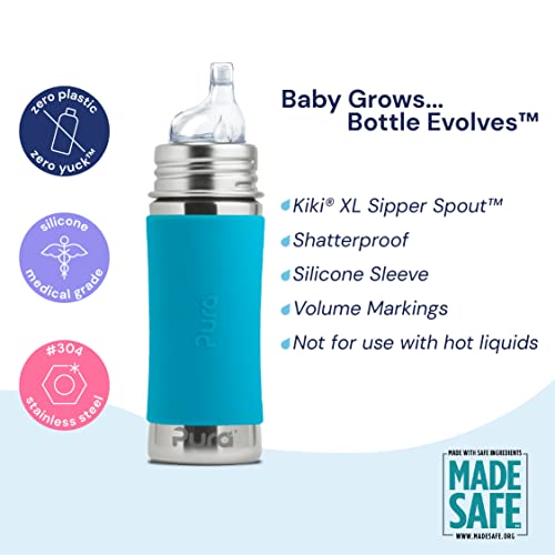 Pura Kiki 11oz/325ml Stainless Steel Sippy Cup Bottle w/Sleeve, Plastic-Free MadeSafe Certified, Medical-Grade XL Silicone Sipper Spout Fast Flow Rate for Kids, Toddlers, Babies & Infant - Aqua Swirl