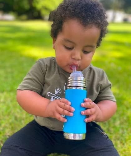 Pura Kiki 11oz/325ml Stainless Steel Straw Bottle w/Sleeve, 100% Plastic-Free, MadeSafe Certified, 100% Medical-Grade Silicone Straw for Kids, Toddlers, Preschoolers, Babies & Infant - New Moss