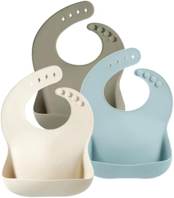 PandaEar Silicone Baby Bibs Set of 3 for Toddlers, BPA Free Waterproof Adjustable Feeding Bib with Large Pocket Food Catcher
