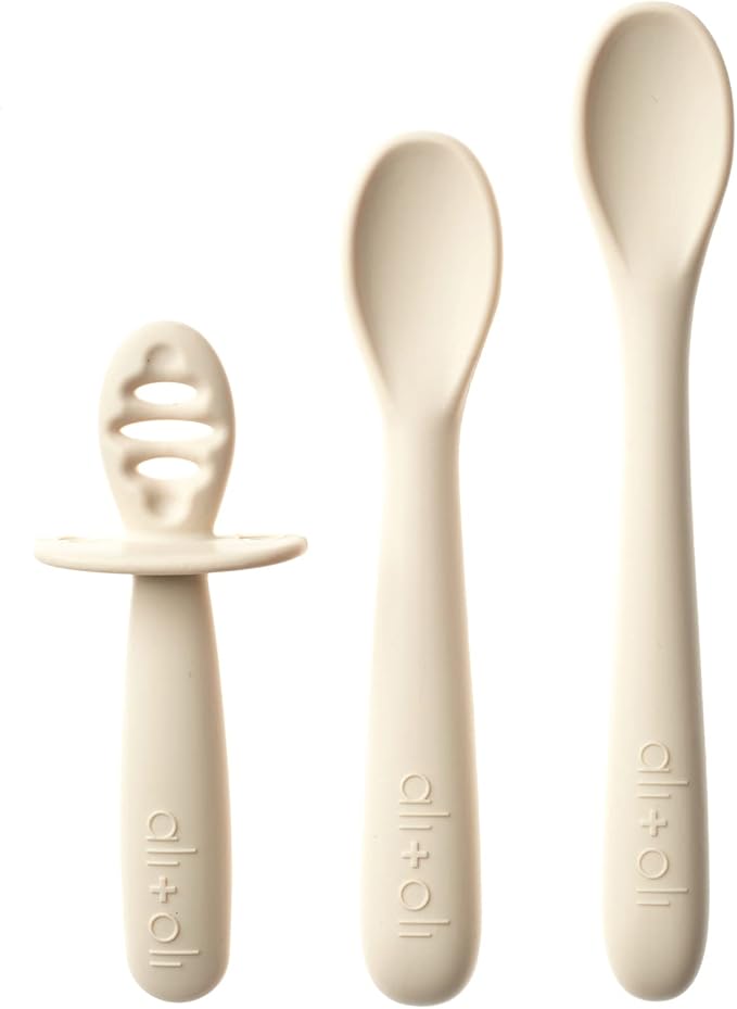Ali+Oli 3pc Silicone Spoon Set for Baby (Coco) - Unbreakable Self-Feeding Utensils, 6 Months & Up, Multi-Stage Feeding Spoon With Ergonomic Design