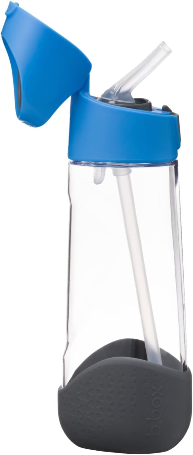 b.box Kids Water Bottle – 20oz Tritan Toddler Drink Bottle with Straw for School, Daycare, Travel w/Easy-Grip Triangular Design, Leak Proof Lid & Handle, BPA Free, Dishwasher Safe (Blue Slate)