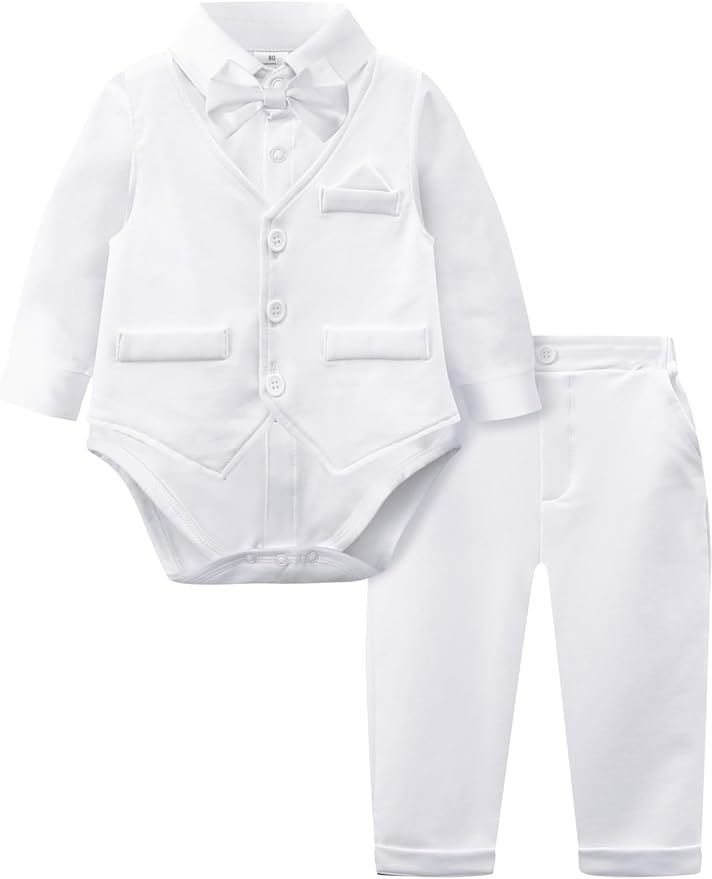 A&J DESIGN Baby Boy Suits Clothes Infant Toddler Formal Gentleman Outfits, Dress Shirt + Vest + Bow Tie + Pants Wedding Set