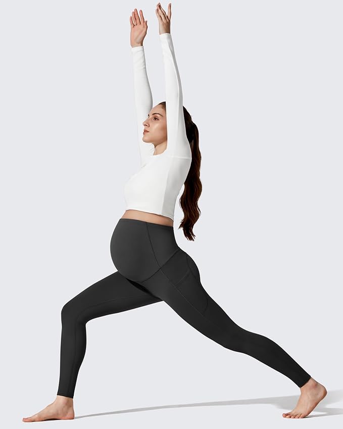 G4Free Barefeel Fleece Lined Maternity Leggings with Pockets Over The Belly Pregnancy Yoga Pants