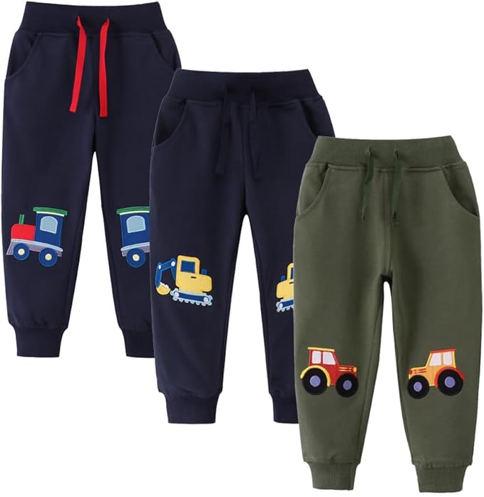 Boys Pants, Toddler 3 Pack Drawstring Elastic Sweatpants Cartoon Active Joggers