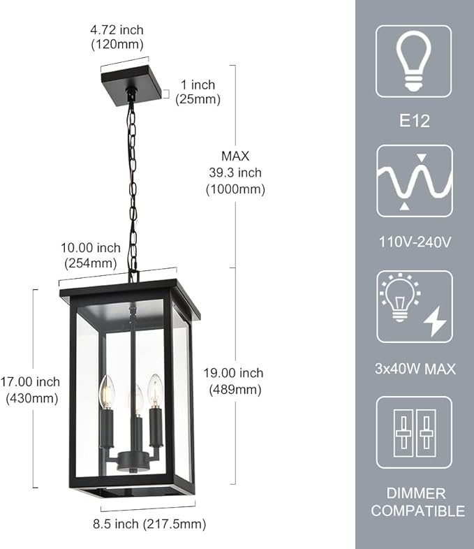 Black Outdoor Pendant Lanern, E12 Candle Chandelier 3-Lights Large Exterior Hanging Light Fixture with Clear Glass Height Adjustable for Indoor Entryway Porch