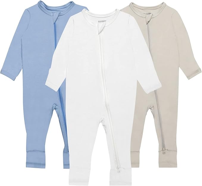 GUISBY Baby Pajamas with Mitten Cuffs - 3Pcs Girls Boys 2 Way Zipper Long Sleeve Rayon Sleepers