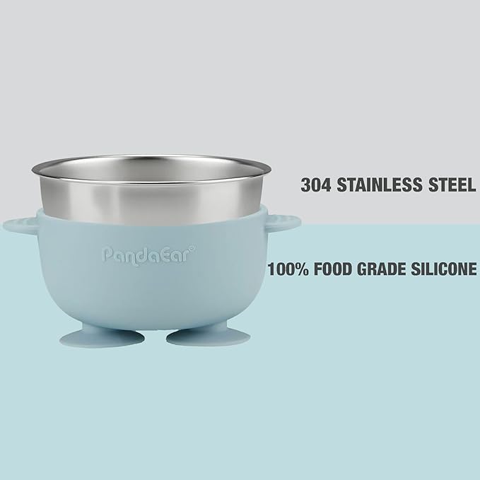 PandaEar 3 Pack Stainless Steel Baby Suction Bowls, Non-Slip Child Food Bowl with Silicone Sleeve for Kids Toddlers Infants, Unbreakable & Mess Free (Blue Green Brown)