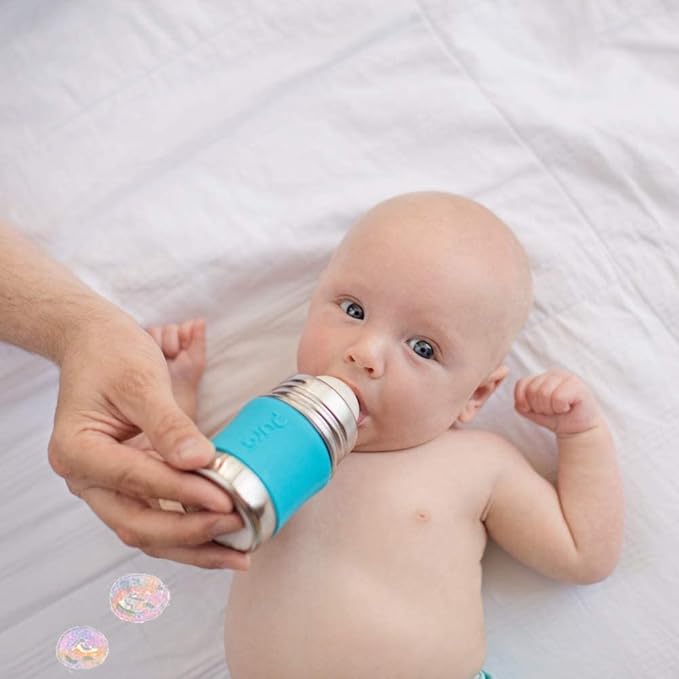 Pura Kiki 5oz/150ml Stainless Steel Anti-Colic Infant Bottle w/Silicone Natural Vent Nipple & Sleeve, 100% Plastic-Free, MadeSafe Certified, Medical-Grade Silicone - Moss Sleeve