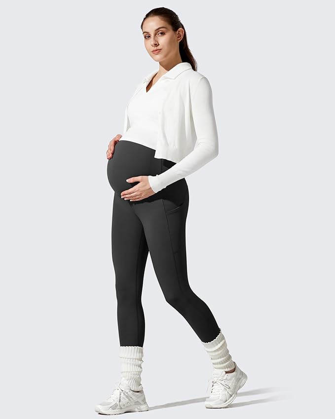 G4Free Barefeel Fleece Lined Maternity Leggings with Pockets Over The Belly Pregnancy Yoga Pants