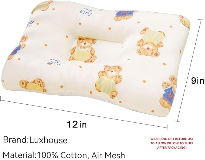 Unisex Pillow 13x9x2, Hypoallergenic Airmesh Breathable Cool 100% Cotton, Control Sweat, Ideal for Travel, Small, Car, Travel, MultiFunctual Small Decor Pillows (Teddy Design)