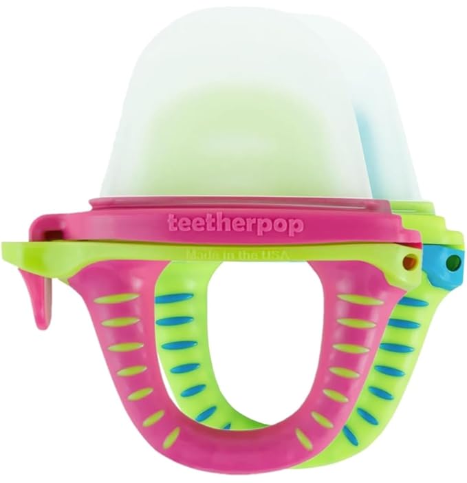 Teetherpop Fillable Silicone Teether for Babies (2-Pack) – Breastmilk Popsicle Molds for Teething w/Spill-Proof Sippy Slits – Freezable Baby Teethers for Liquids & Purées (PinkLemon/LimonTeal)