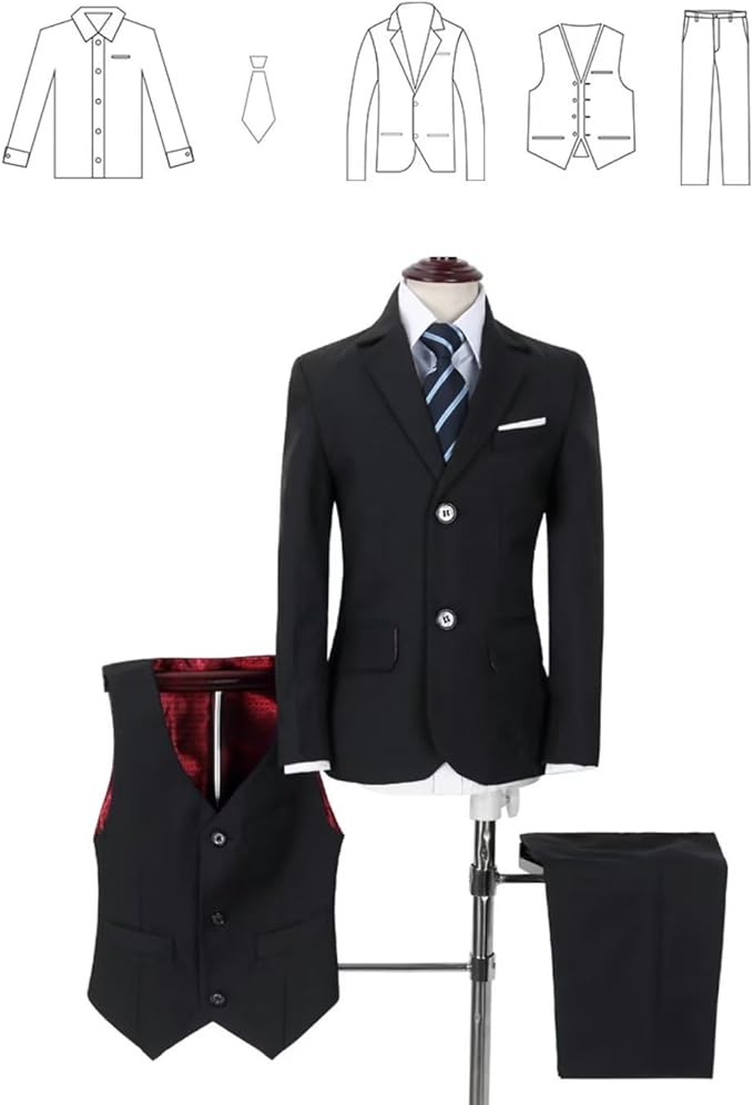 YuanLu Boys Suit for Kids Tuxedo Wedding Ring Bearer Outfit, 5 Piece Boy Slim Fit Formal Suits with Adjustable Waist