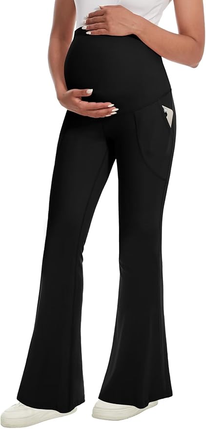 Fotociti Maternity Flare Leggings with Pockets, Women’s Soft Pregnancy Pants Over The Belly For Yoga Workout Active
