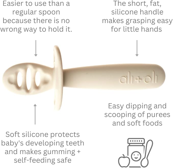 Ali+Oli 3pc Silicone Spoon Set for Baby (Coco) - Unbreakable Self-Feeding Utensils, 6 Months & Up, Multi-Stage Feeding Spoon With Ergonomic Design