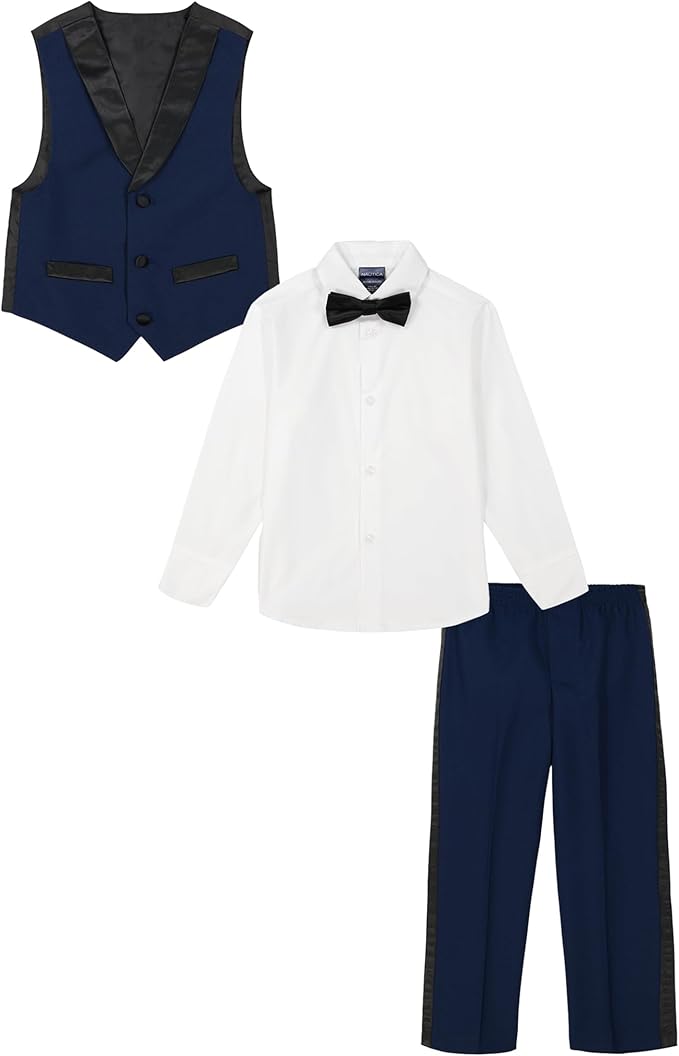 Nautica Boys' 4-Piece Formal Suit Set with Vest, Pants, Collared Dress Shirt, and Tie