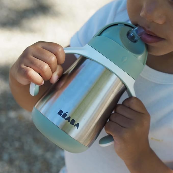 Beaba Stainless Steel Straw Sippy Cup, Insulated Toddler Cups Spill Proof with Removable Handles, Made with High Grade Stainless Steel, 8+ Months, 8 oz (250mL), (Sage)