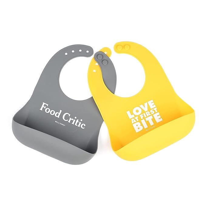 Baby Bib for Eating by Bella Tunno, Set of 2 Waterproof Silicone Bibs with Large Food Catcher, Adjustable Fit for Babies 4-12 months & Toddlers 1-3 Years, Boys & Girls, Food Critic & First Bite