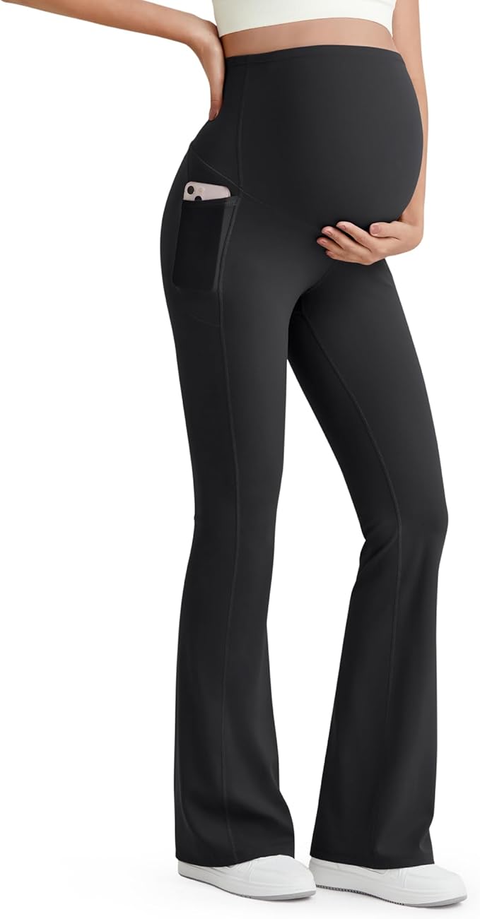 G4Free BareFeel Maternity Flare Leggings with Pockets Over The Belly Stretchy Casual Lounge Pregnancy Dress Pants for Work