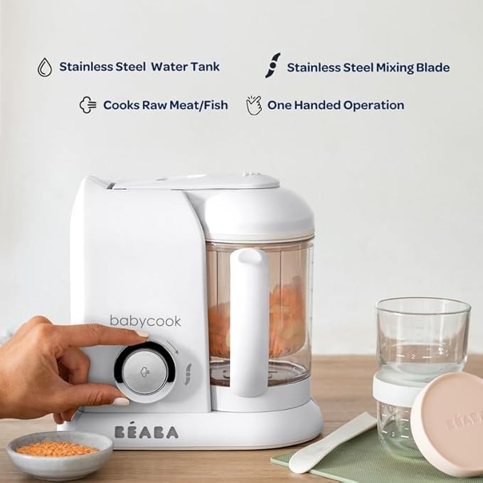 BEABA Babycook Solo 4 in 1 Baby Food Maker, Baby Food Processor Baby Food Steamer, Lrg Capacity 4.5 Cups 27 Servings in 20 Mins, Auto Steam Cooking, Puree Blender, White