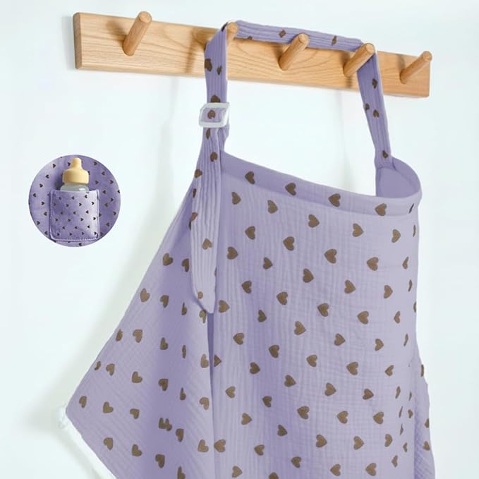 Muslin Nursing Covers for Breastfeeding, Arch Neckline Breast Feeding Covers for Women, Moms Privacy Breathable Summer Nursing Apron, 43.3" x 25.6" Soft Feeding Cover (Violet Purple Heart)