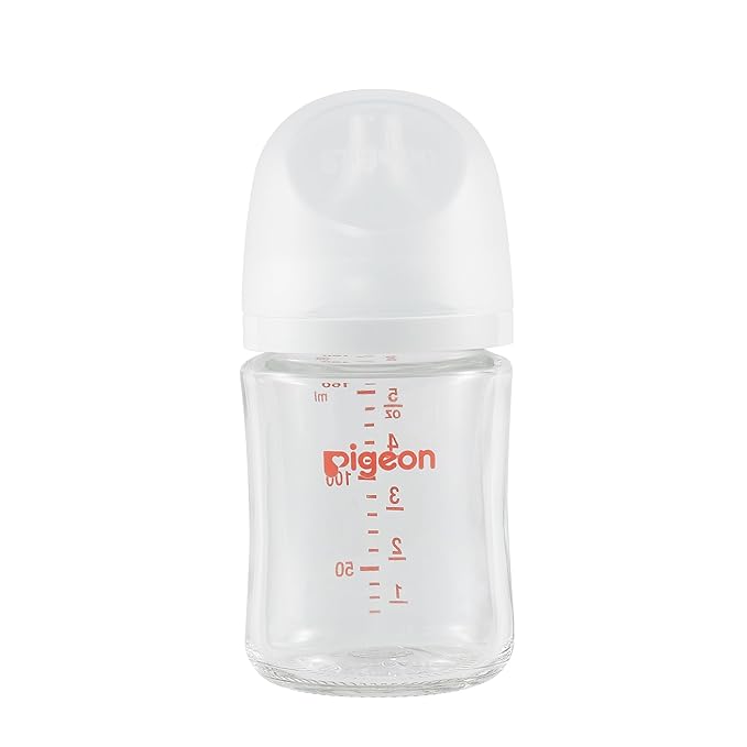 Pigeon Glass Nursing Bottle Wide Neck, Nurture & Nest, Anti-Colic, Streamlined Body, Natural Feel, Easy to Clean, Heat-Resistant, 5.4 Oz (Pack of 3), Includes 3pcs Stage 1 Nipples (0m+)