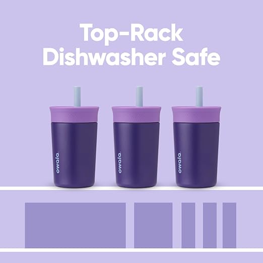Owala Kids Insulation Stainless Steel Tumbler with Spill Resistant Flexible Straw, Easy to Clean, Kids Water Bottle, Great for Travel, Dishwasher Safe, 12 Oz, Purple (Peacock Palace)