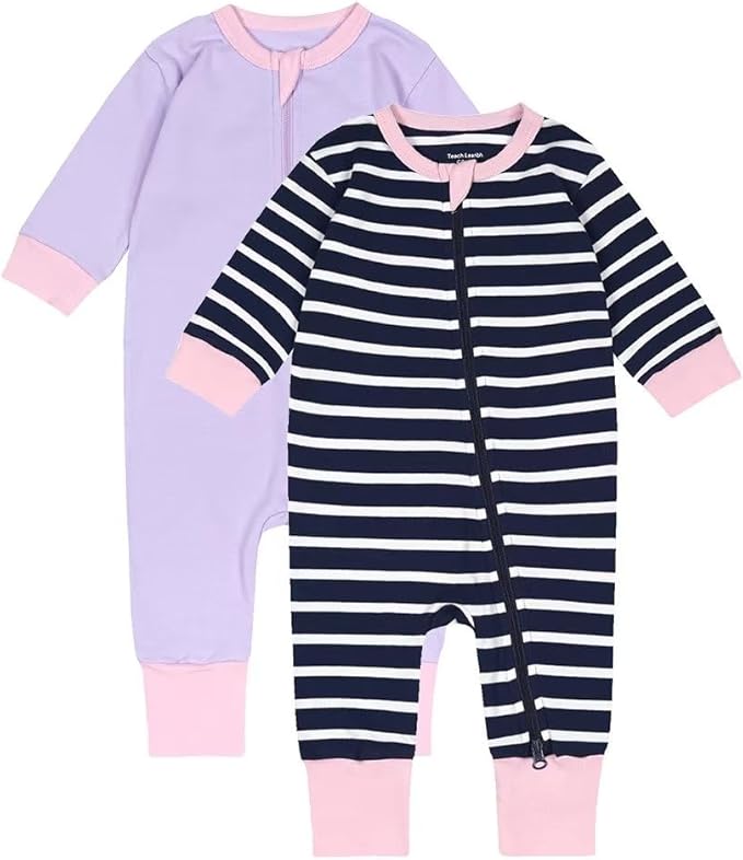 Teach Leanbh Toddler Baby Boys Girls 2-Pack Pajamas Cotton 2 Way Zipper Long Sleeve Footless Romper Sleep and Play