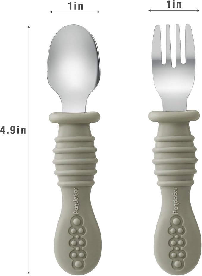 PandaEar 6 Pack Toddler Fork and Spoon Utensil Set, Baby Silicone Stainless Steel Silverware Spoon Fork for Babies Kids, BPA Free (Walnut&Linen&Brown)
