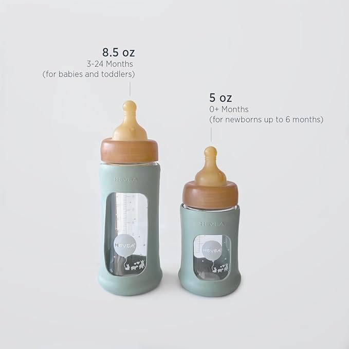 HEVEA Plastic-Free Wide Neck Glass Baby Bottle with Powder Pink Sleeve - Slow Flow Anti Colic Baby Bottles Newborn 0+ Months - BPA-Free, Single-Pack (5 Oz)