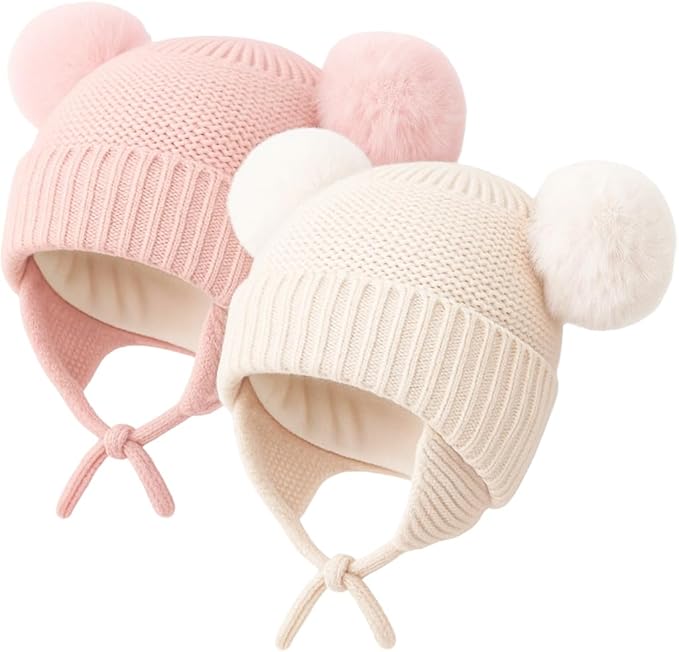 Konssy 2 Pack Baby Winter Hat with Earflaps, Warm Knit Beanie, Cozy Baby Hat for Boys & Girls 0–6 Months