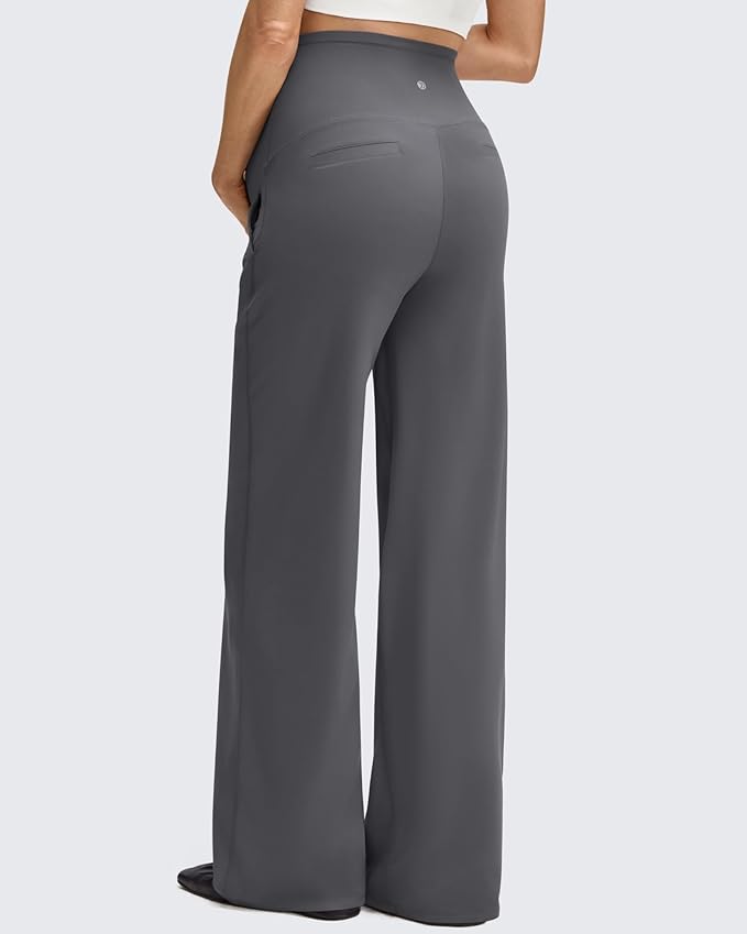 G4Free BareFeel Maternity Dress Yoga Pants with Pockets Over The Belly Stretchy Work Slack Pregnancy Wide Leg Casual Trousers