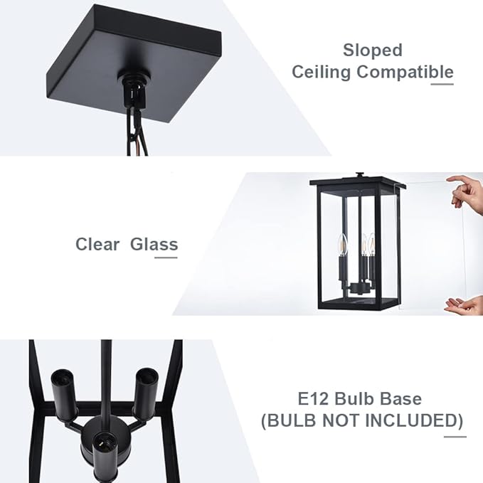 Black Outdoor Pendant Lanern, E12 Candle Chandelier 3-Lights Large Exterior Hanging Light Fixture with Clear Glass Height Adjustable for Indoor Entryway Porch