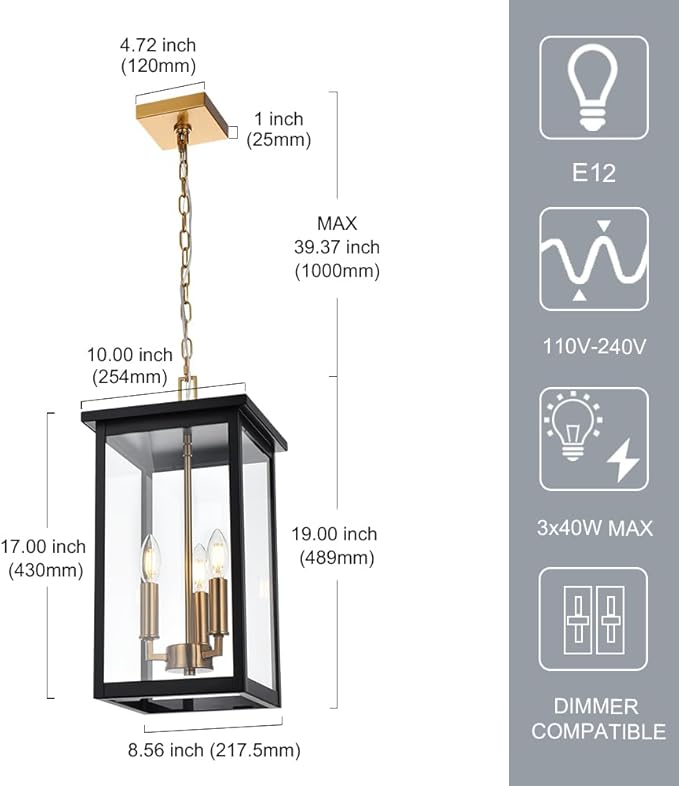 3-Lights Large Outdoor Pendant Lighting Clear Glass, Ceiling Porch Light Fxitures Adjustable Chain for Foyer Patio, Exterior Hanging Lantern Lamp, E12 Bulb Base, Black & Bruhed Brass