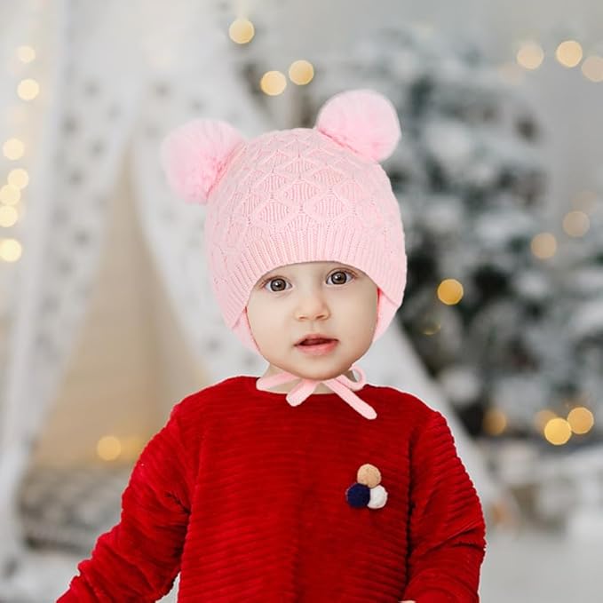 Labeol Baby Hats,Soft Warm Winter Knit Baby Beanie Hat with Earflap,Cute Pom-pom Ears Fall Winter Caps for Toddler Girls Boys