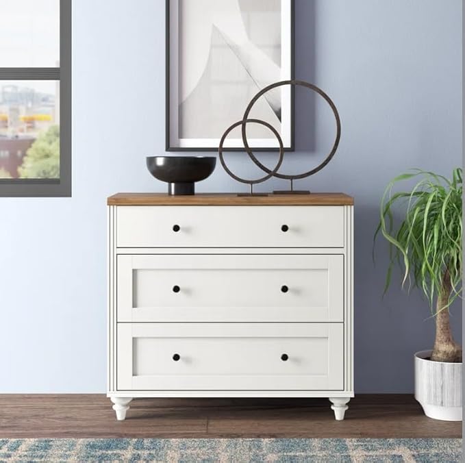 WAMPAT Dresser for Bedroom with 3 Drawers, Kids Dressers with Wide Chest of Drawers, Mid Century Modern Wooden Closet Storage Organizer for Living Room, Nursery, Hallway, White