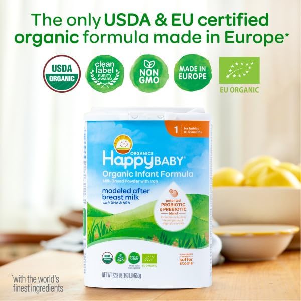 Happy Baby Organics Stage 1 Infant Formula, 0-12 Months, Milk Based Organic Baby Formula Powder with Iron, Probiotics & Prebiotics for Immune & Digestive Support, 22.9 Ounce (Pack of 2)
