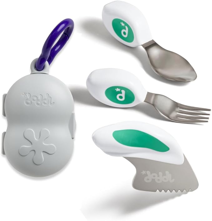 doddl Toddler Utensils, Ergonomic Fork Spoon and Knife Set for Self Feeding, Stainless Steel Silverware for 1-3 Year Olds, BPA Free, Dishwasher Safe (Aqua + Travel Case)