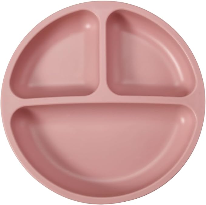 PandaEar 2 Pack Toddler Divided Suction Plates with 2 Spoons 2 Forks for Babies | Silicone Baby Led Weaning Supplies Self Feeding Eating Utensils | BPA-Free Silicone Baby Feeding Set -Pink