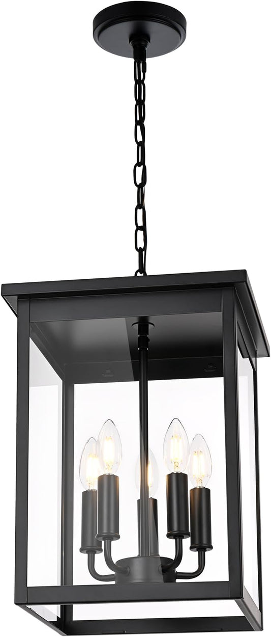 5 Lights Outdoor Pendant Light, Black Outside Chandelier, Exterior Hanging Fixture, Ceiling Mount with Clear Glass Shade Hanging Lantern Light Adjustable Pendant Light for Outdoor Hallway