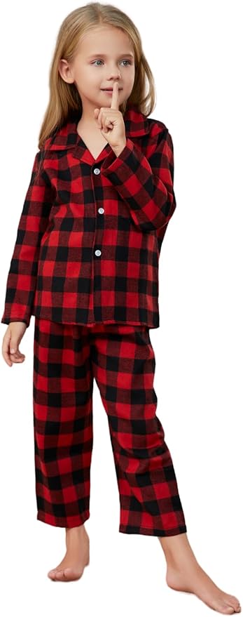 Schbbbta Kids Pajamas Set, Plaid Button Down Pjs for Girls & Boys, 9 Months - 14 Years