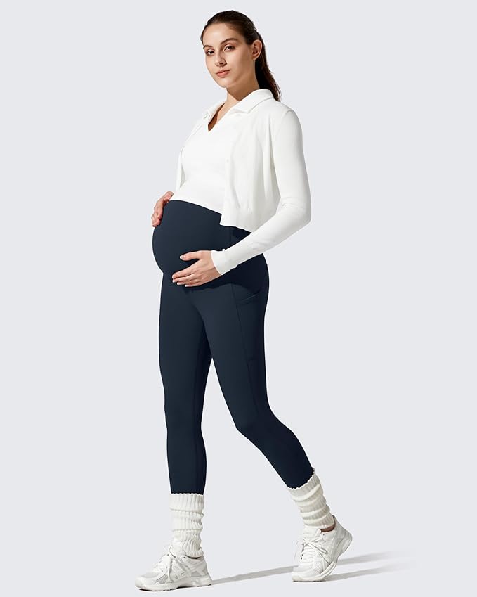 G4Free Barefeel Fleece Lined Maternity Leggings with Pockets Over The Belly Pregnancy Yoga Pants