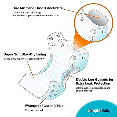 Simple Being Reusable Cloth Diapers- One Size Adjustable, Washable Soft Absorbent, Waterproof Cover, Eco-Friendly Unisex Baby Girl Boy, six 4-Layers Microfiber Inserts (Whimsical)
