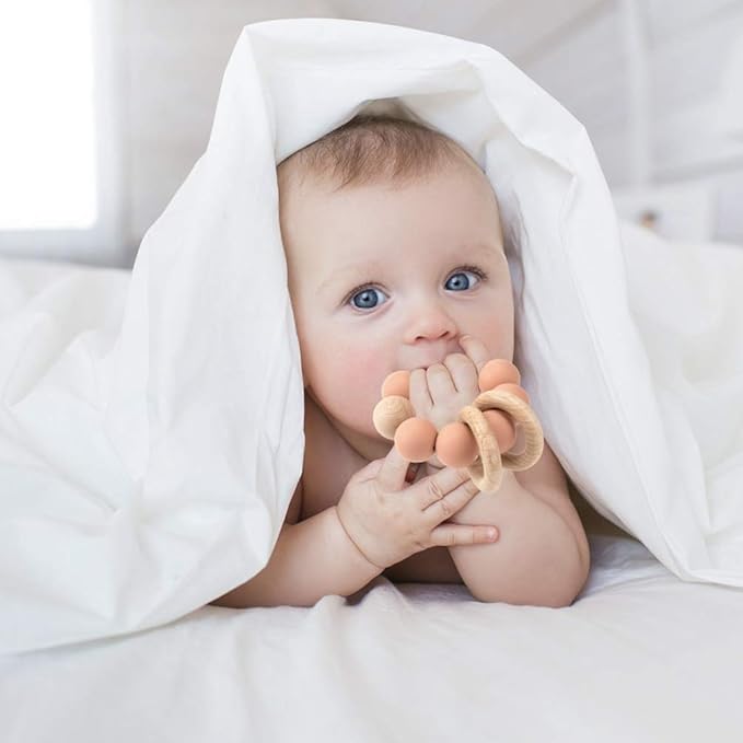 Silicone Baby Teether, Food Grade Silicone & Beech Baby Teething Toy, BPA Free (Apricot)