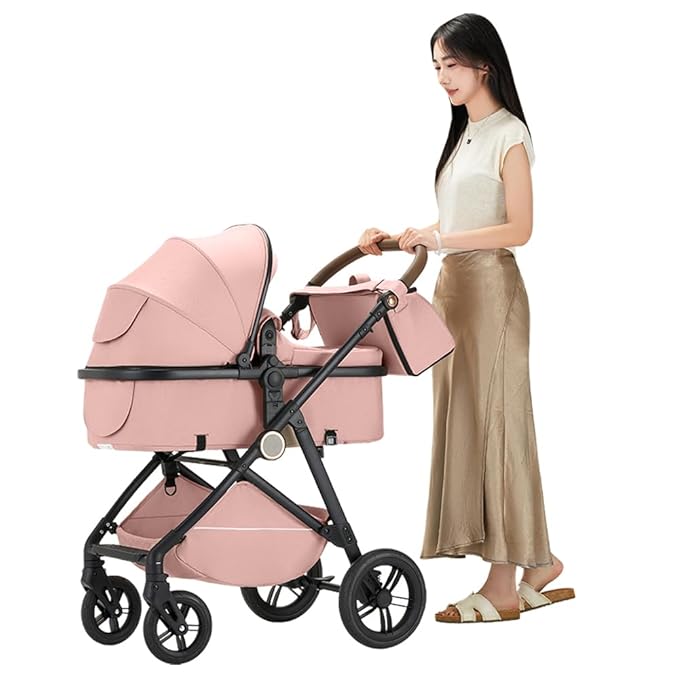 2 in 1 Baby Stroller, High Landscape Infant Stroller Pram Foldable Pushchair with Adjustable Canopy, Storage Basket, Suspension Wheels,5-Point Harness,Mom Bags (Brown)