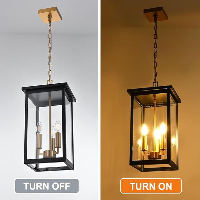 3-Lights Large Outdoor Pendant Lighting Clear Glass, Ceiling Porch Light Fxitures Adjustable Chain for Foyer Patio, Exterior Hanging Lantern Lamp, E12 Bulb Base, Black & Bruhed Brass